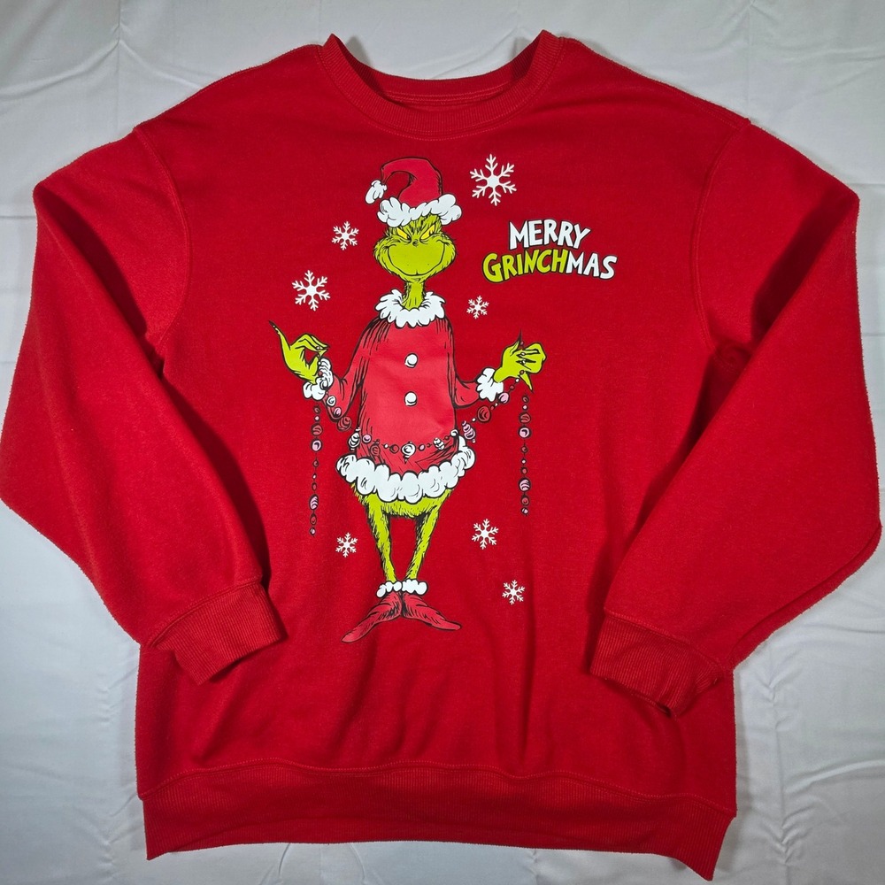 Dr Seuss The Grinch Merry Grinchmas Red Graphic Sweatshirt Large Holiday Fleece